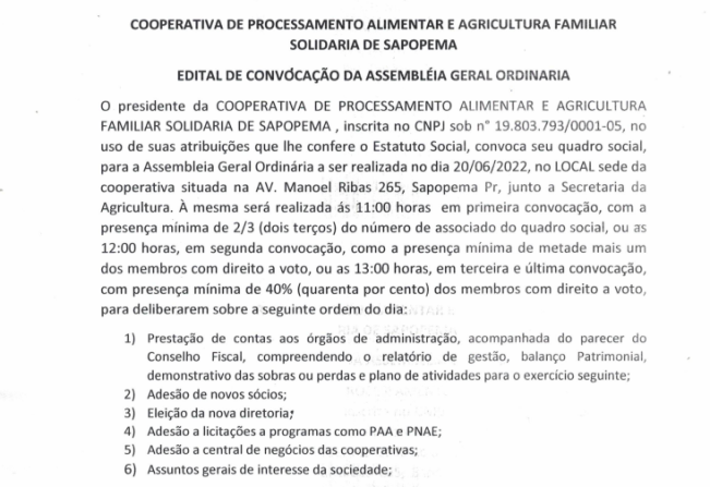 EDITAL DE CONVOCAÇÃO DA ASSEMBLÉIA GERAL ORDINARIA